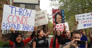Students protest planned commencement address by former Secretary of State Condoleezza Rice at Rutgers University 