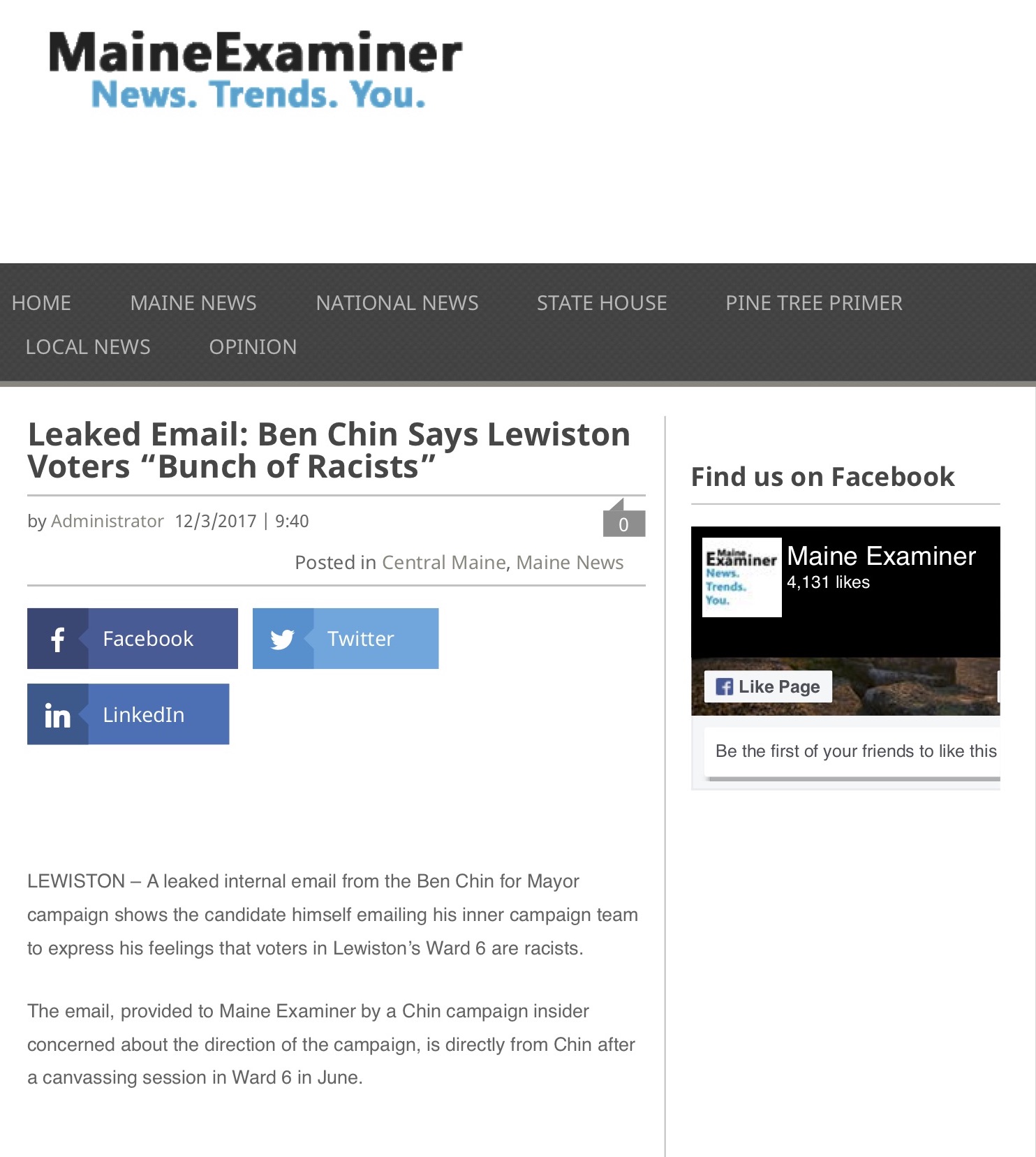 Leaked Email: Ben Chin Says Lewiston Voters “Bunch of Racists”